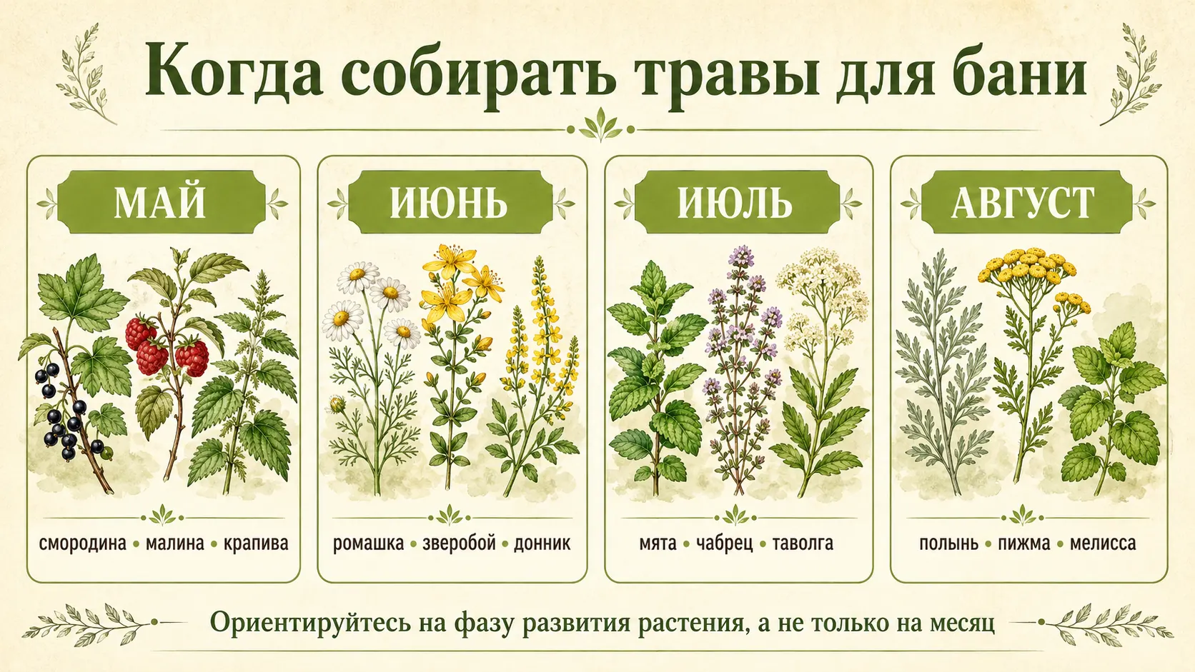 Календарь сбора трав для бани по месяцам