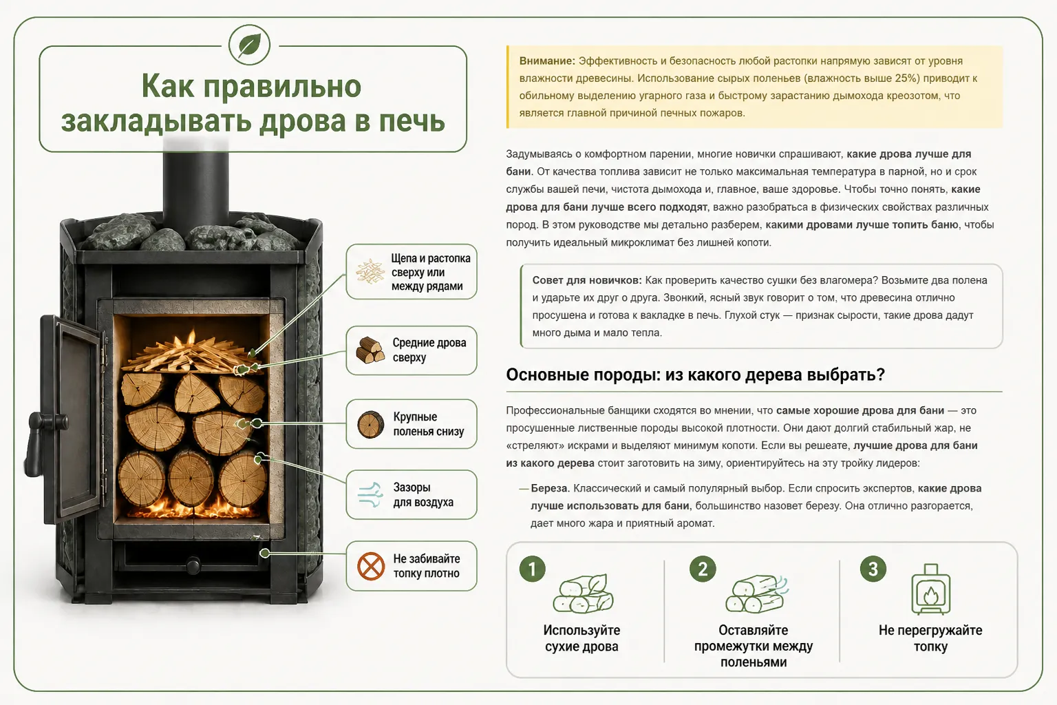 Правильная закладка дров в банную печь