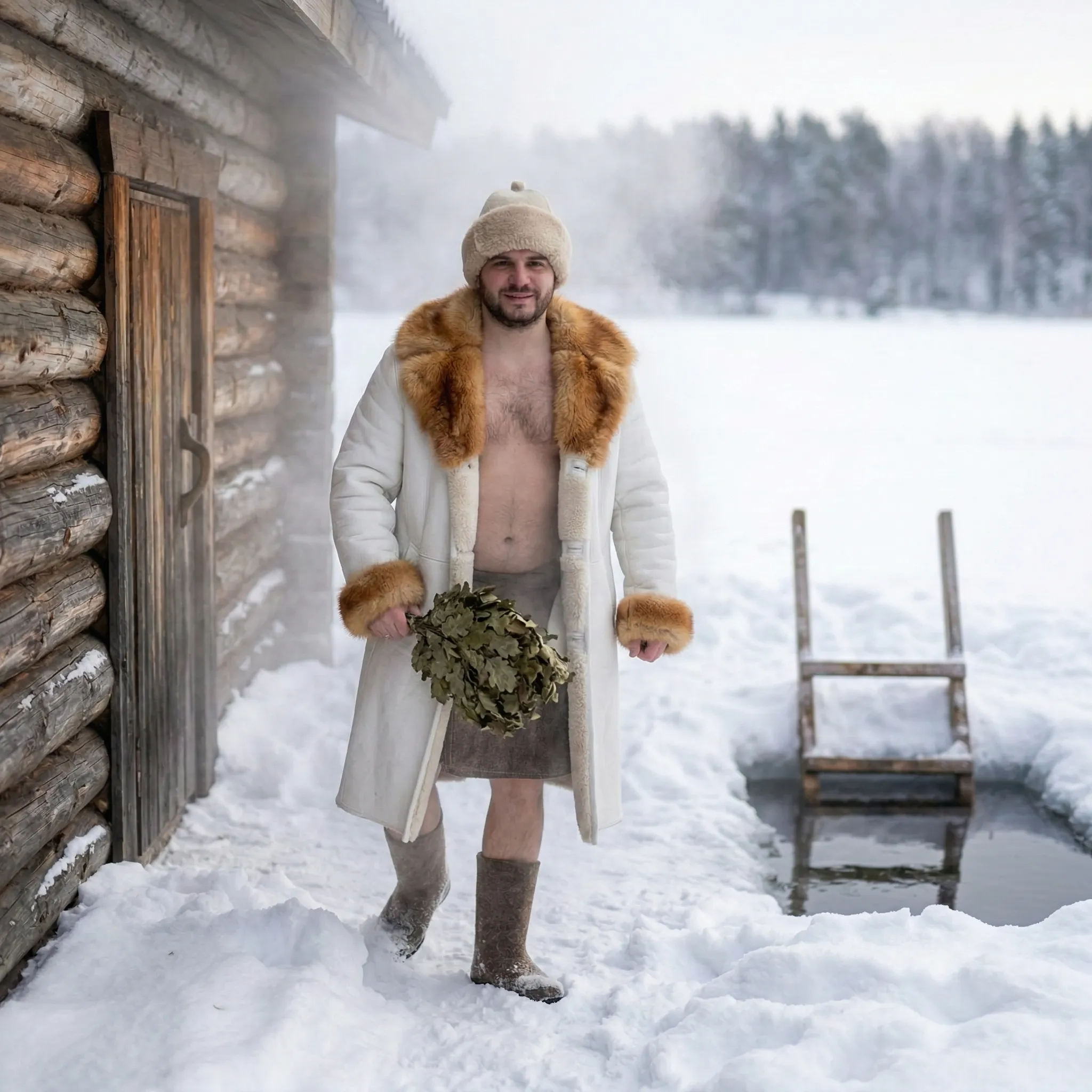 Тулуп из овчины банный ПРЕМИУМ, белый, размер 48